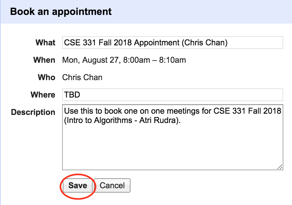 Image highlighting save button for booking an appointment